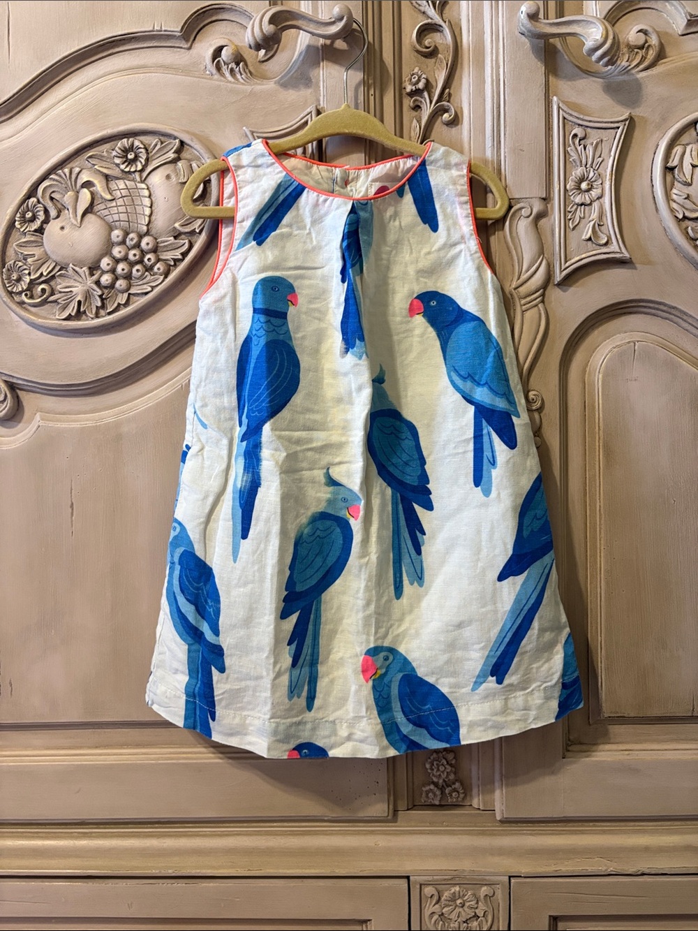Mini Boden Blue Parrot Print Sleeveless Dress with Coral Trim